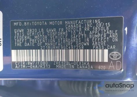 2016 Toyota Corolla S Plus из США, поврежденный, VIN 2T1BURHE9GC497258